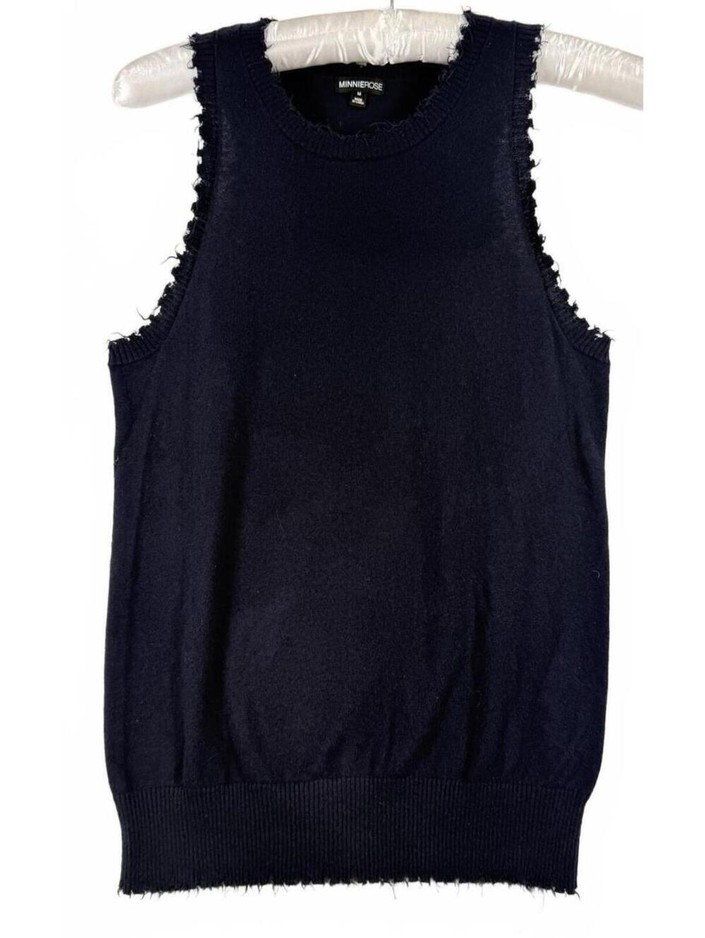 Minnie Rose Cotton Cashmere Frayed Tank Navy Size Medium NWOT